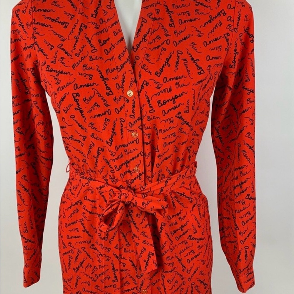 Banana Republic NWT Red dress  Black Script French Words Tie Waist Dress size 8